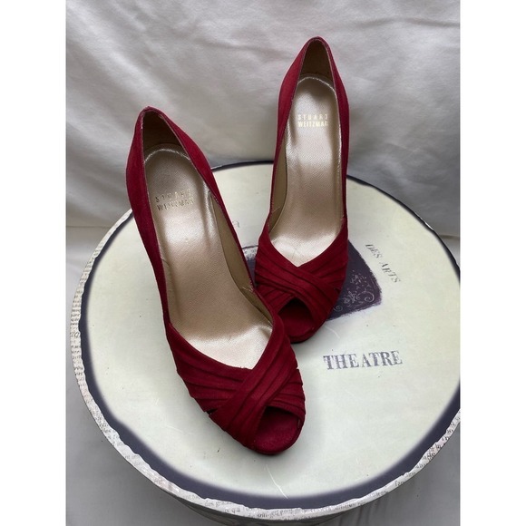 Stuart Weitzman Red Suede  Peep Toe Heels - Picture 3 of 9